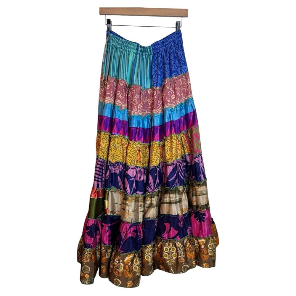Evez Silk Blend Tiered Colorful Patchwork Maxi Skirt One Size